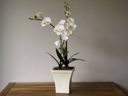 Sztuczny biały storczyk w ceramicznej kremowej donicy.